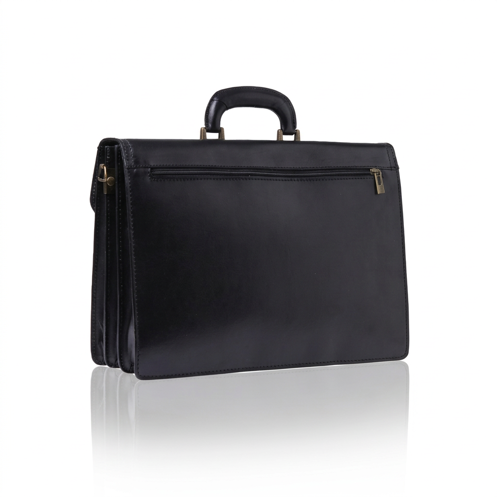 Foto posteriore: Retro della borsa 24 ore Ferdinand in pelle nera, con tasca esterna con zip e manico rigido.