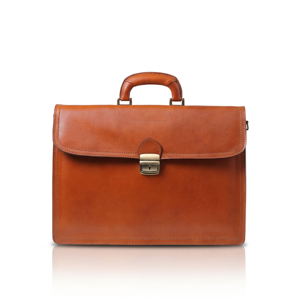 Borsa 24 ore Ferdinand in pelle di vitello pieno fiore color cuoio, vista frontale con manico rigido e chiusura a scatto con serratura.⠋