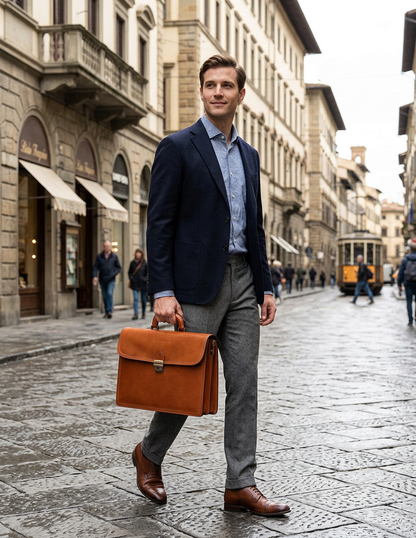 Uomo con giacca blu e pantaloni grigi porta a mano la borsa 24 ore Ferdinand in pelle color cuoio lungo una strada lastricata.