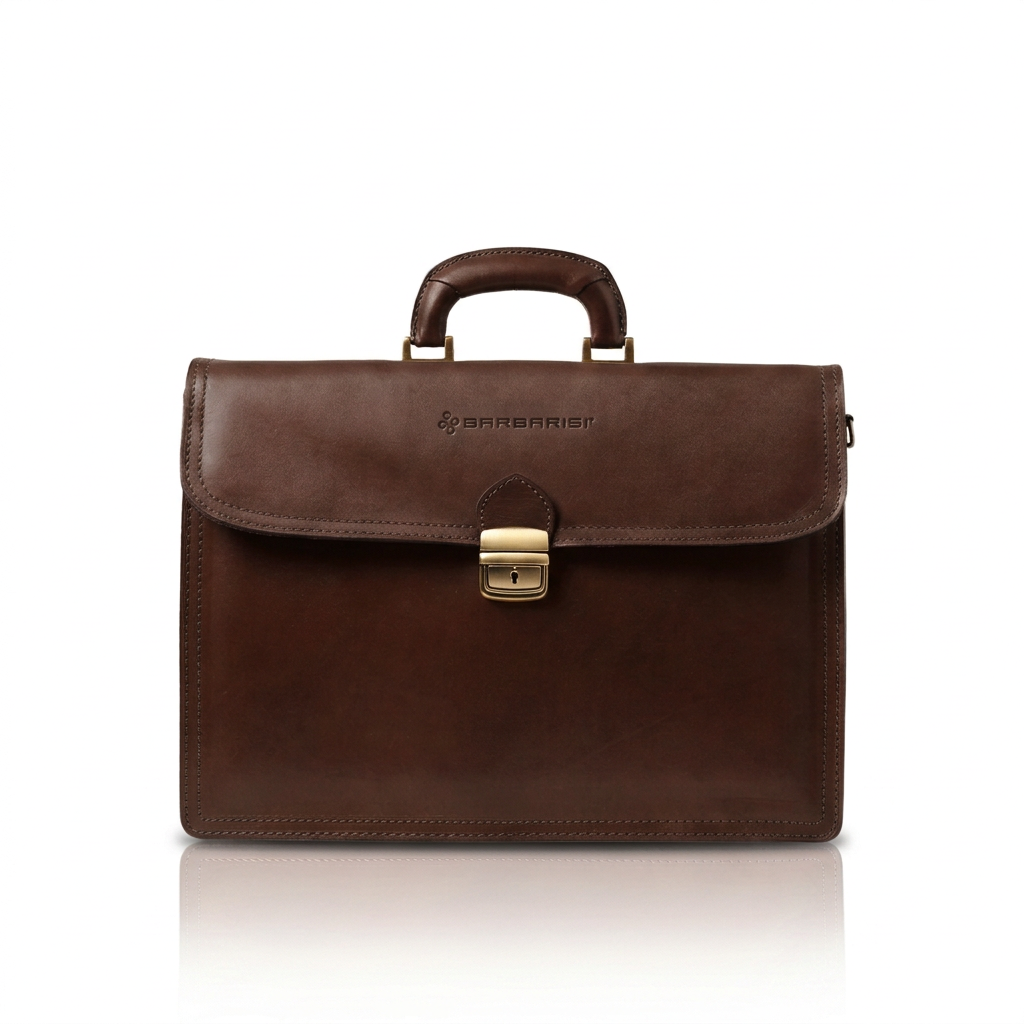 Borsa 24 ore Ferdinand in pelle di vitello pieno fiore marrone, vista frontale con manico rigido e chiusura a scatto con serratura.⠋

