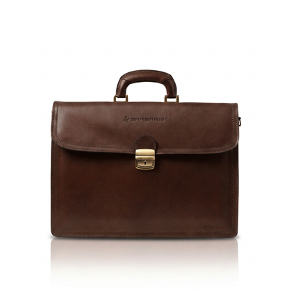 Borsa 24 ore Ferdinand in pelle di vitello pieno fiore marrone, vista frontale con manico rigido e chiusura a scatto con serratura.⠋

