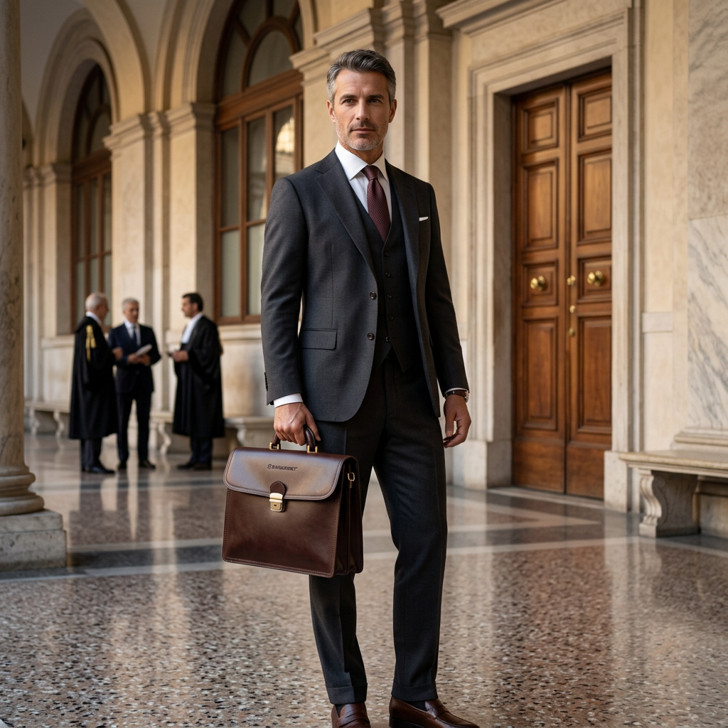 Uomo in abito scuro con borsa 24 ore Ferdinand in pelle marrone portata a mano, sotto un porticato con colonne in pietra.