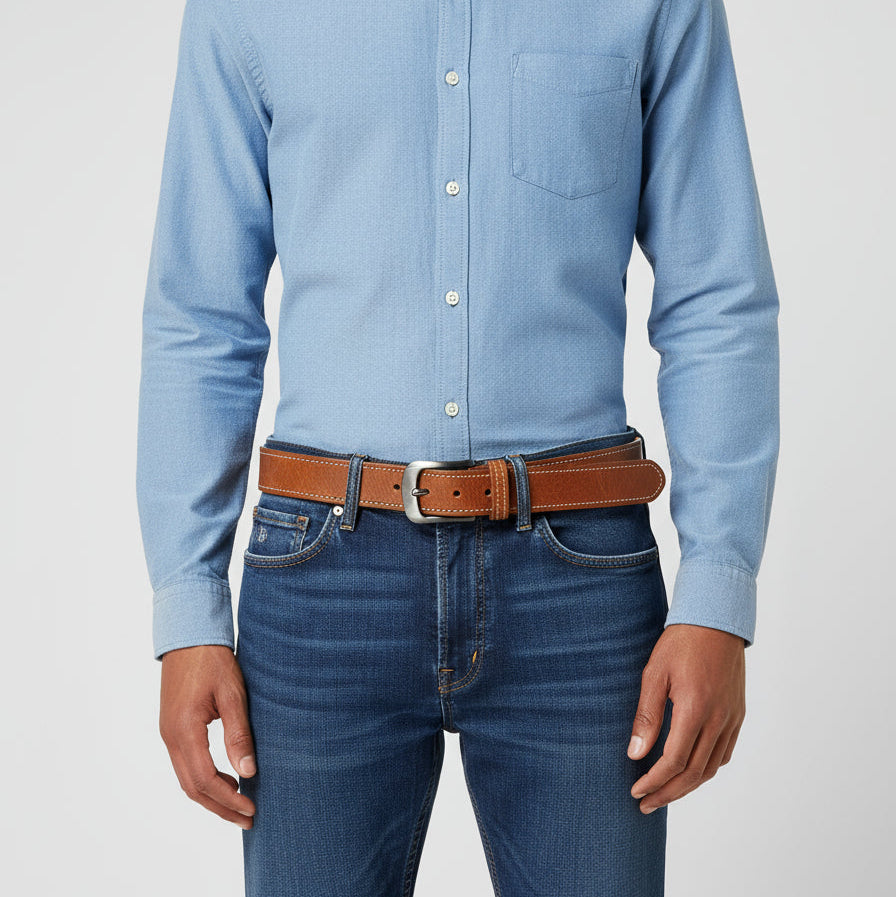 Cintura cuoio con impunture beige