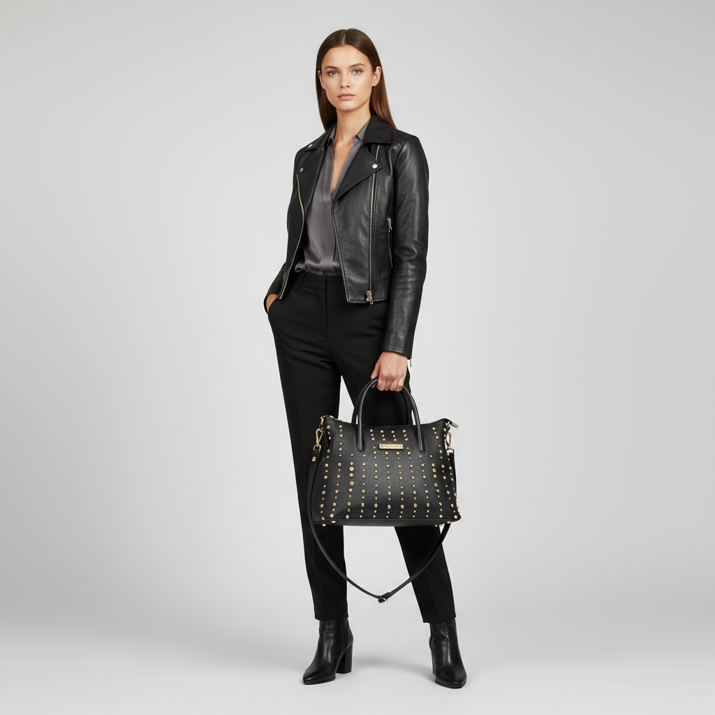 Modella con borsa Domy nera martellata