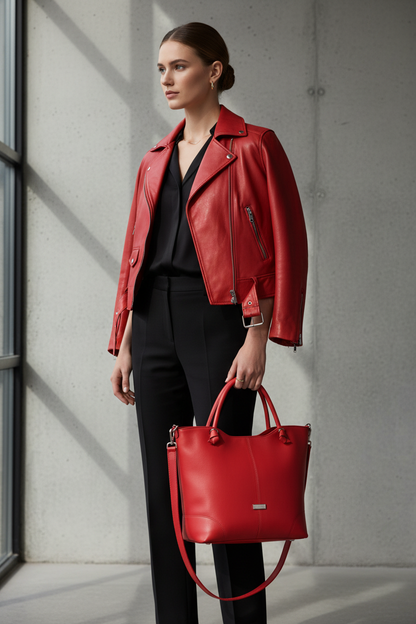 Modella con borsa e giubbino rosso