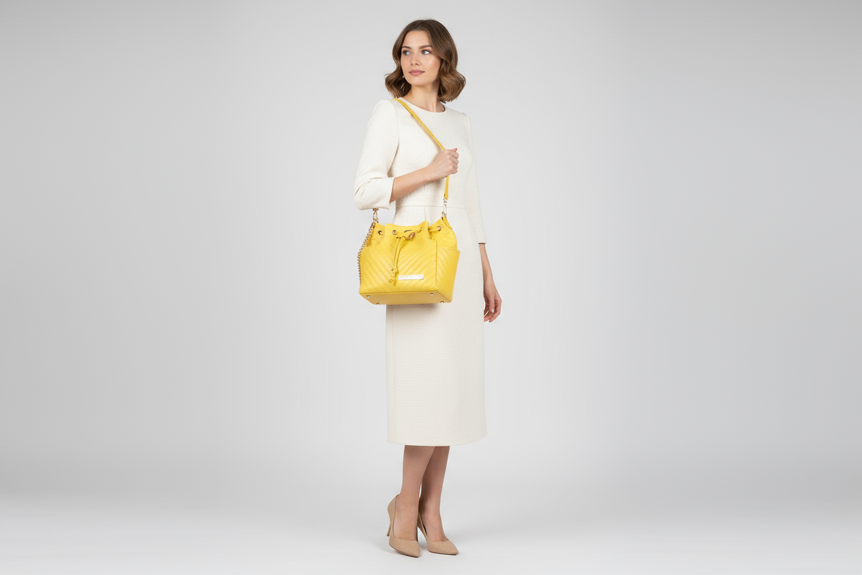 Modella con borsa gialla a secchiello