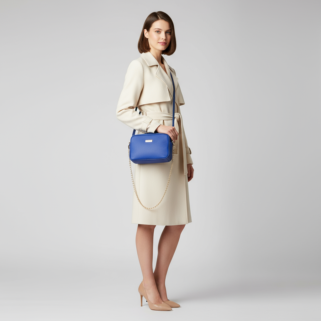 Modella con borsa Michela blu elettrico