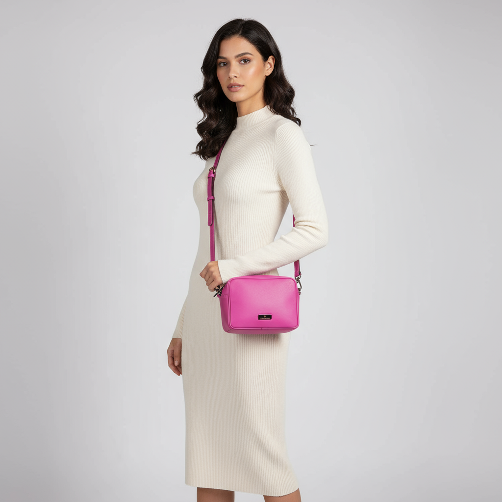 Modella con borsa Michela fucsia