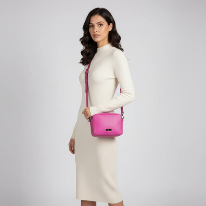 Modella con borsa Michela fucsia