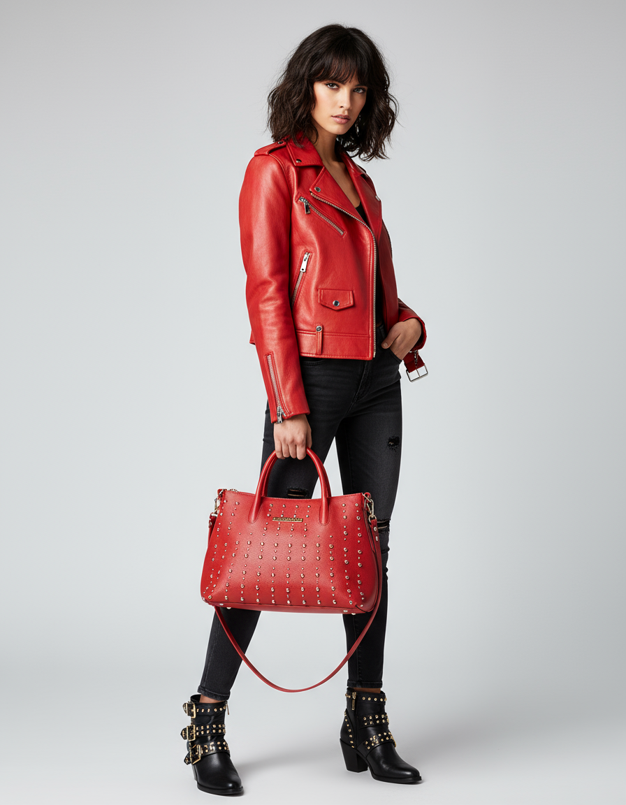 Modella con chiodo rosso e borsa Domy rossa con borchie