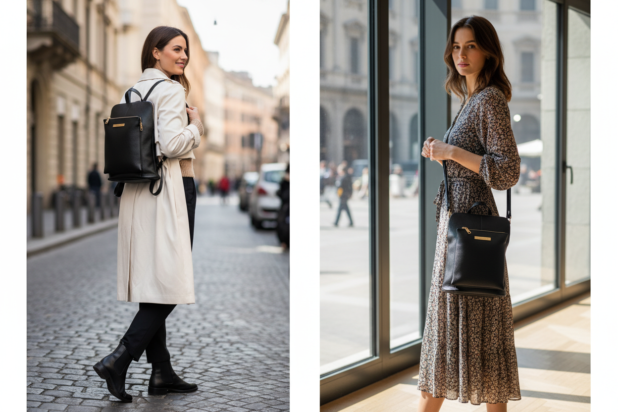 Modella con zaino Arianna Barbarisi - doppia funzione