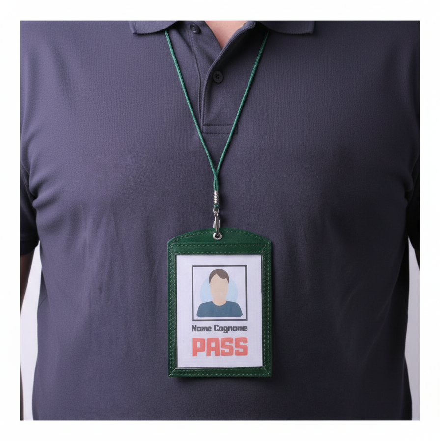 Portabadge verde con tracolla verde e gancio nero indossato