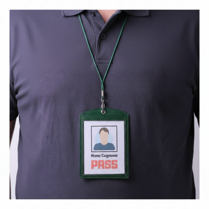 Portabadge verde con tracolla verde e gancio nero indossato