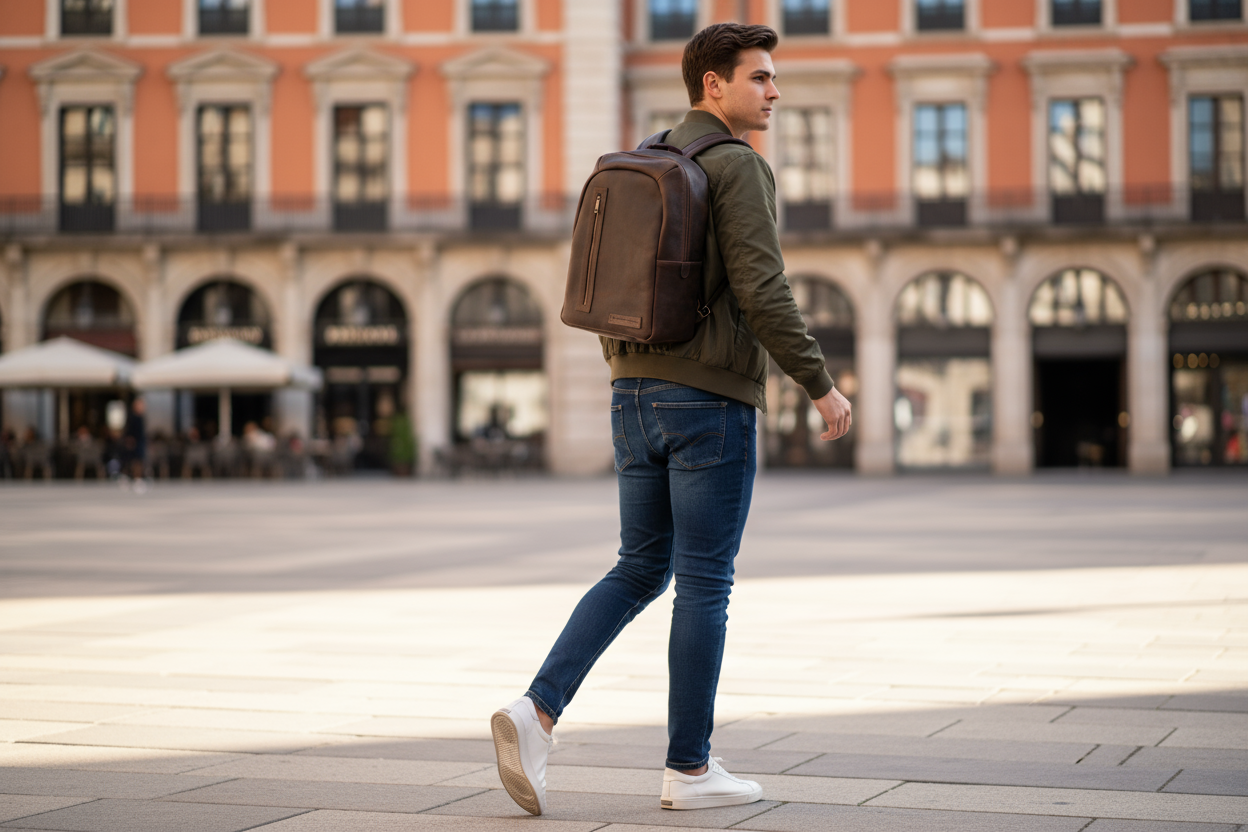 Ragazzo in movimento all'esterno con zaino marrone