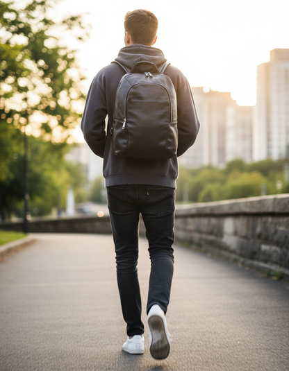 Ragazzo in movimento con zaino in pelle