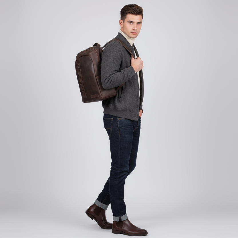 Ragazzo urban-chic con zaino marrone