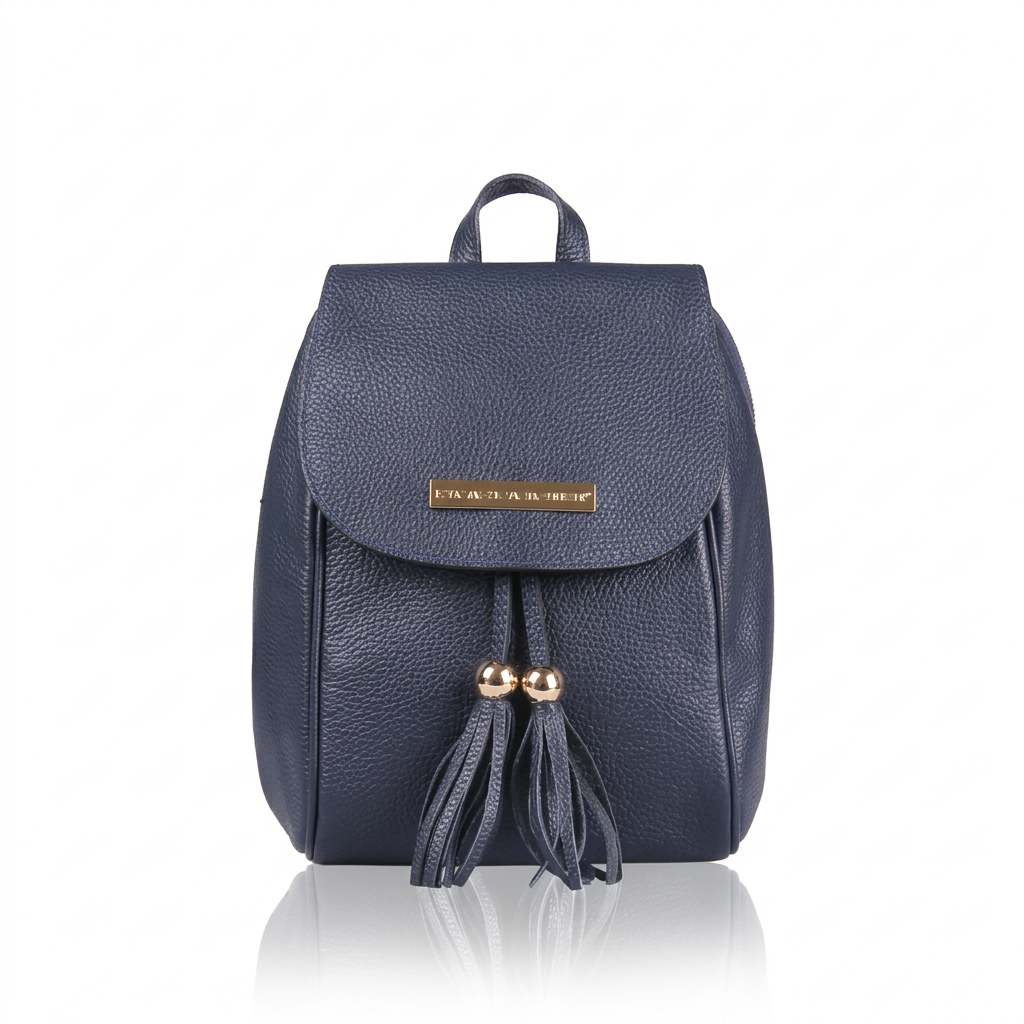 zaino donna in pelle martellata  blu artigianale con nappine