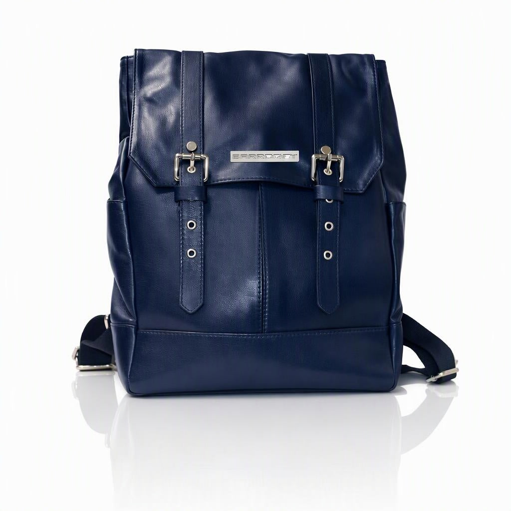 Zaino Raf in vera pelle blu, vista frontale.