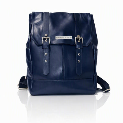 Zaino Raf in vera pelle blu, vista frontale.