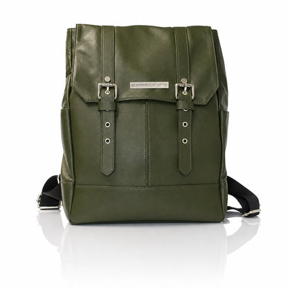 Zaino Raf in vera pelle verde militare, vista frontale.